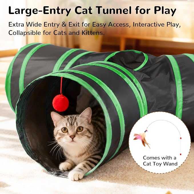 Tempcore Cat Tunnel, 3-Way Collapsible Toy, Large Size Black & Green