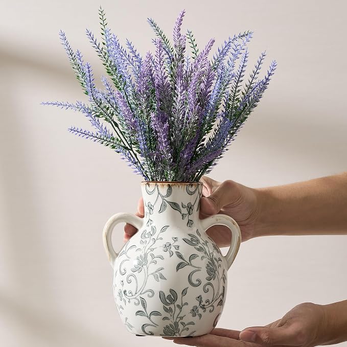 SIDUCAL Ceramic Vintage Pastoral Vase with Handles, 7 Inch Chinoiserie Floral Vase, Retro Ice Cracked Rustic Farmhouse Vases for Home Decor, Living Room, Bookshelf, Office, Tuscan Decor, Gray Floral