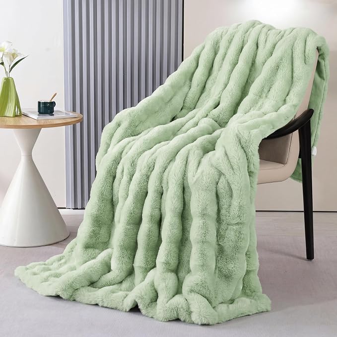 Sage Green Faux Fur Throw Blanket for Couch, Snuggly Double-Sided Bubble Plush Blanket with Soft Flannel Back,Decorative Gift for Sofa or Bed, Machine Washable, 50 x 60, 860 GSM