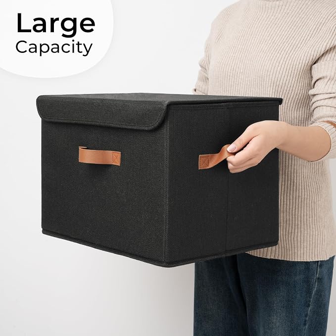 GRANNY SAYS Memory Keepsake Storage Box, Fabric Storage Bins with Lids | Flip-Top Lid, Collapsible, Stackable, 3 Handles, Ideal for Closet Clothes Blanket Toys, Extra Large, Black, 2-Pack
