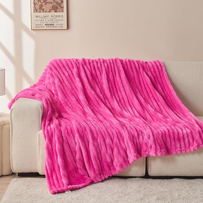 NEWCOSPLAY Fleece Ribbed Cozy Throw Blanket for Couch, Hot Pink, 50"x60" | Premium Silky Flannel Blanket, Soft Lightweight Fluffy Throw Blanket for Bed Sofa Decor, Gift for All Season Use