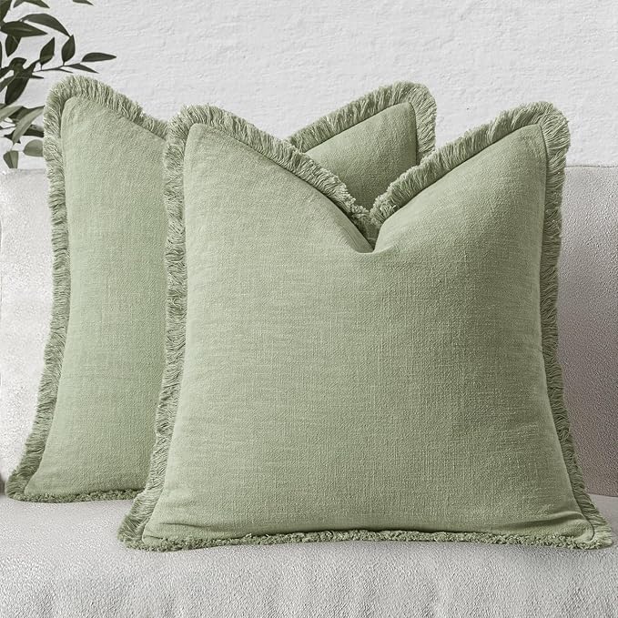 MIULEE Linen Fringe Decorative Euro Throw Pillow Covers Sage Green 24x24 | Set of 2, Cottagecore Decor, Boho Farmhouse Neutral Pillow Covers, Rustic Couch Cushion Cases for Sofa Bed Living Room