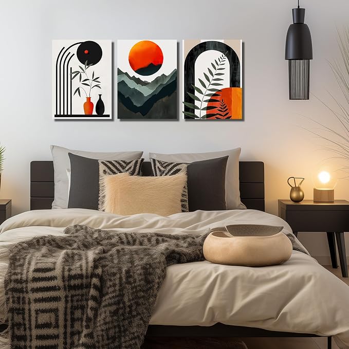DNIEOTU Boho Wall Art for Living Room, Bohemian Canvas Wall-Decor for Bedroom, Mountian Moon and Geometric Shapes Picture Prints, Size 12 x 16 Inches 3-Pieces