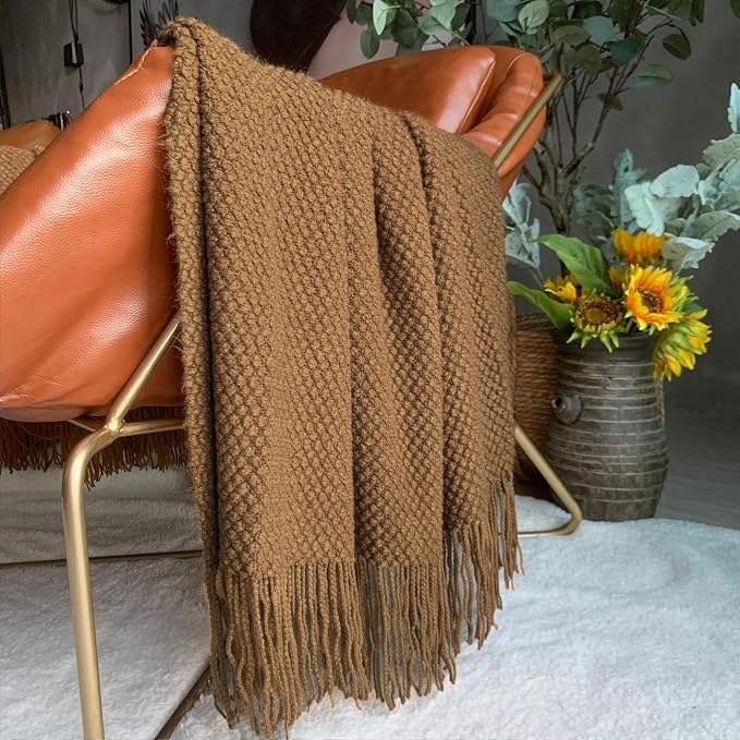 LOMAO Knitted Throw Blanket with Tassels Bubble Textured Lightweight Throws for Couch Cover Home Decor (Khaki, 60x90)