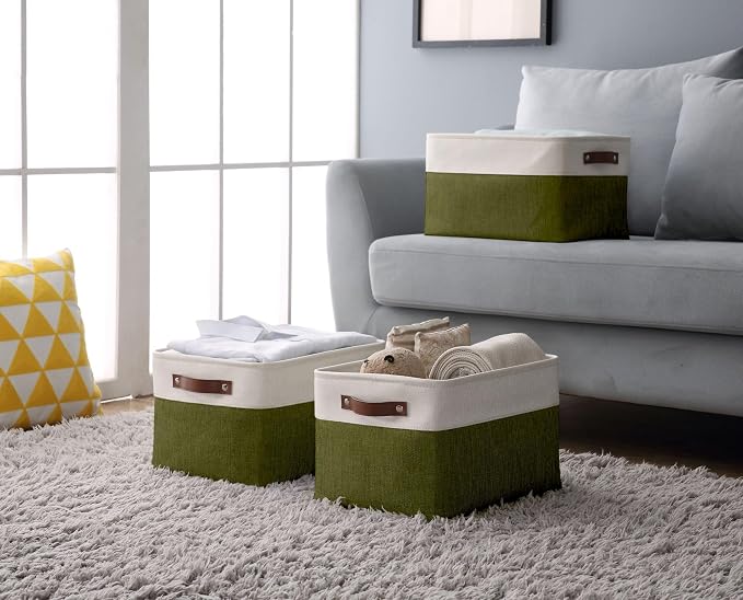 DECOMOMO Storage Bins, Large Fabric Storage Baskets for Shelves 3 Pack | 15 x 11 x 9.5 inches Decorative Linen Closet Organizers (Olive Green & White)