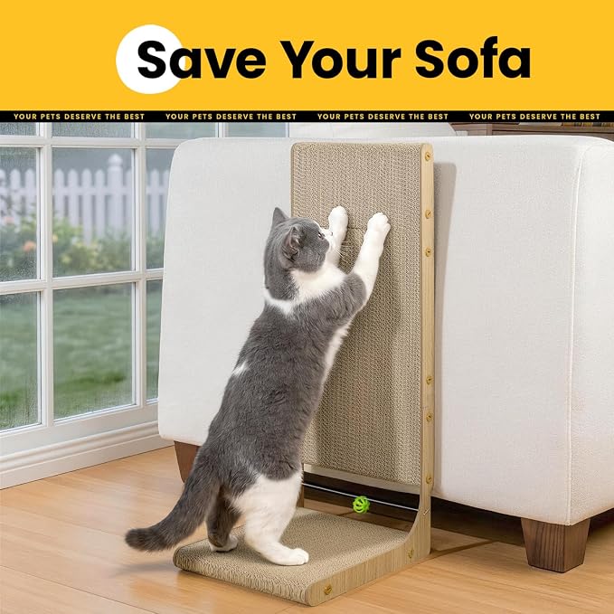 Conlun Cardboard L Shape Cat Scratcher | 26" Vertical Wall-Leaning Scratching Board & Cosy Lounge Bed, Sofa Protector with Bell Toy,Wood Grain，Large(2 Pack)