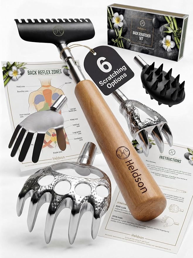 HELDSON® Back Scratcher Extendable [5 Scratching Heads] - Retractable Stainless Steel Scratchers - Telescopic Backscratchers for Adults - Metal Bear Claw Backscratcher Stick - Gifts for Men and Women