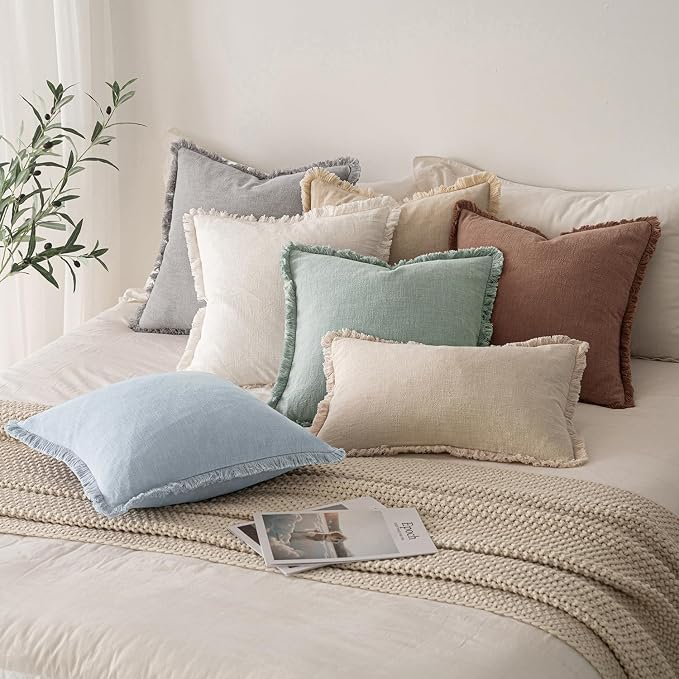 MIULEE Boho Linen Fringe Decorative Throw Pillow Covers Sky Blue 18x18 | Set of 2, Cottagecore Decor, Boho Farmhouse Coastal Pillow Covers, Rustic Couch Cushion Cases for Sofa Bed Living Room