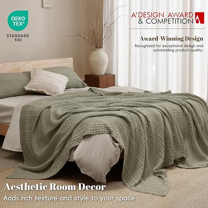 PHF 100% Cotton Waffle Blanket Twin Size, Lightweight Breathable Summer Blanket for Hot Sleepers, Pre-Washed Soft Layer for Bed, Dorm, Couch & Guest Room, Home Decor Gift, 66"x90", Dusty Sage