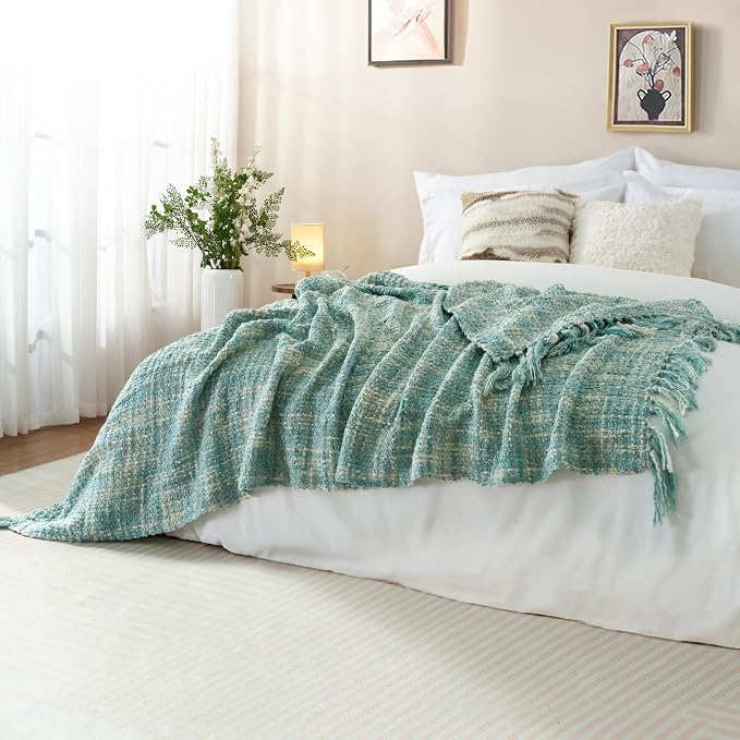 Multi-Color Cable Woven Throw Blanket for Couch - 60"X80" | Multicolored Boho Style,Super Soft Warm Cozy Chunky Blankets with Decorative Tassels for Bed and Sofa,Mint Blue