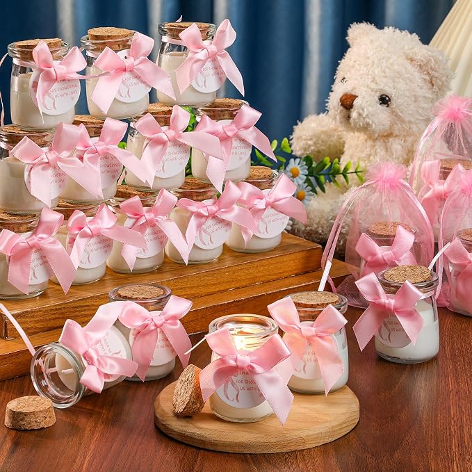 Threlaco 20 Pcs Bow Baby Shower Favors Party Candle Lavender Scented Glass Mason Jar Wax Candle Bulk for Guests Girl Boy Gender Reveal Party Gifts(Pink)