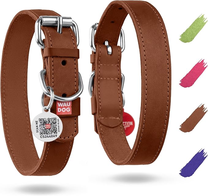 WAUDOG Long Lasting Leather Dog Collar for Large Dogs, Medium & Small Dogs - Adjustable Classic Puppy Collars for Large Breed Dogs - Boy & Girl Dog Collars with Durable Buckle, D-Ring & QR Dog Tag