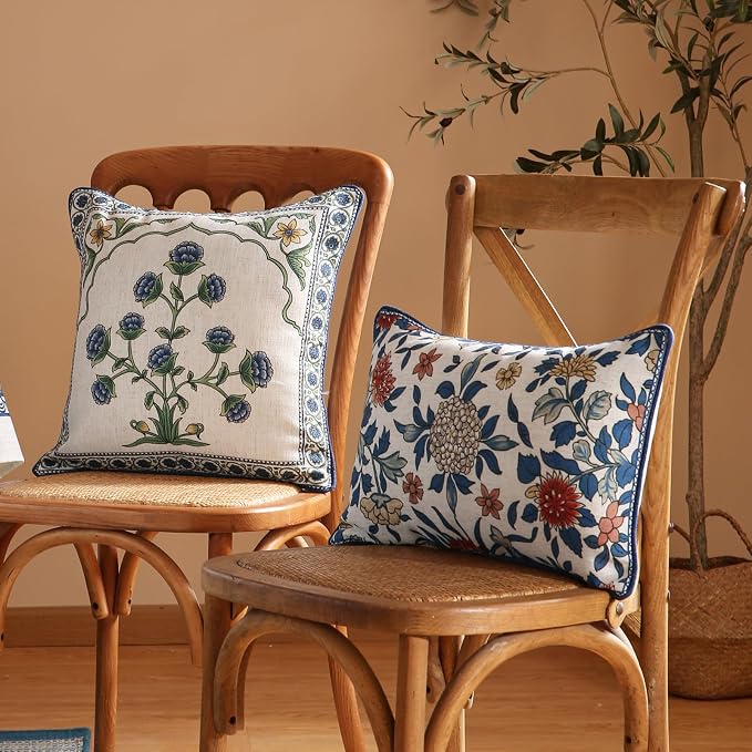 patdrea Designer Vintage Linen Throw Pillow Cover,12"x20",Set of 2-Ivar A | Decorative Pillow Cover,Blue and White Floral Pattern,Pillow Case for Couch Living Room Bedroom Sofa Outdoor