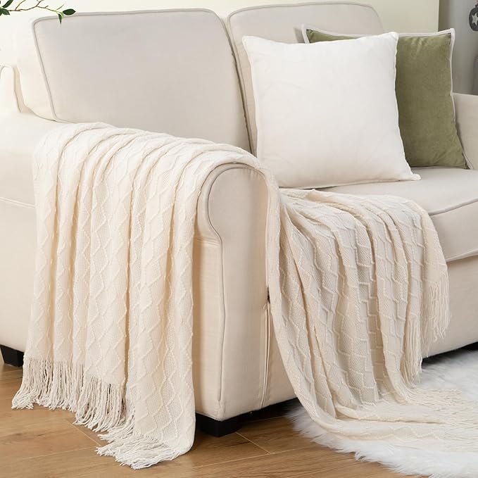 BATTILO HOME Ivory White Throw Blankets for Couch, Off White Lightweight Decorative Blankets and Throws, Boho Warm Knit Blanket for Men and Women, 50"x60"