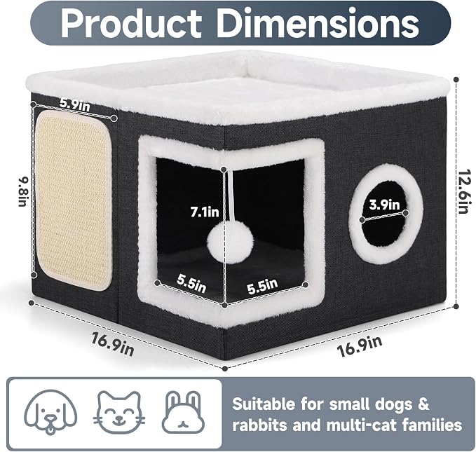 Shikha Cat House Bed for Indoor Cats with Fluffy Ball and Scratch Pad Black | Foldable Large Cat Cave Hideaway with Cozy Condo, Hide and Seek Window, Holds Up to 30LBS, All Season Reversible Cushion