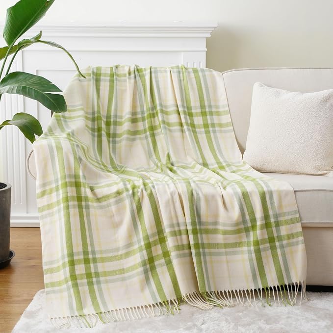 Spring Summer Plaid Throw Blanket for Couch Bed,White Green Stripe Blanket | 50"x60", Farmhouse Throw Blanket, Buffalo Checkered Design, Lightweight Soft Plaid Blankets and Throws for Home Decor