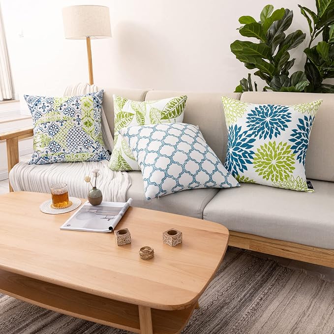 Phantoscope Set of 4 New Living Series Throw Decorative Pillow Cover Cushion Cover, Blue and Green, Print, 12 x 20 inches, 30 x 50 cm