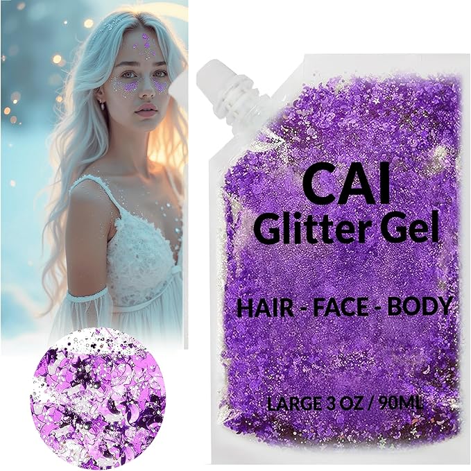 Face, Body & Hair Glitter Gel – Halloween Glitter for Kids and Women – 3 Oz Cosmetic-Grade Gel w/Moon & Stars for Festivals & Halloween Party, Easy Apply & Wash Off - Violet 1Pack