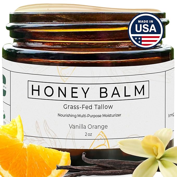 Tallow Honey Balm, Organic Body Butter, Grass-Fed Beef Tallow for Skin, Soothing All-Natural Moisturizer for Body and Face | Made in USA - 2 oz (Vanilla Orange)