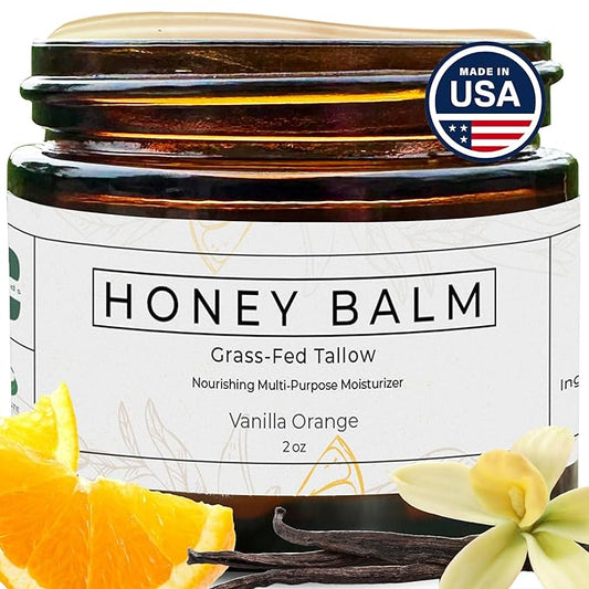 Tallow Honey Balm, Organic Body Butter, Grass-Fed Beef Tallow for Skin, Soothing All-Natural Moisturizer for Body and Face | Made in USA - 2 oz (Vanilla Orange)