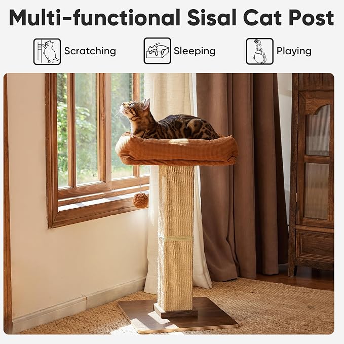 FUKUMARU Retro-Style Cat Scratching Post with Perch for Indoor Adult Cats | 28.7" Elevated Tall Cat Bed, Solid Wood Large Cat Scratcher Tower with Bed, Aesthetic Cat Tree Furniture with Natural Sisal