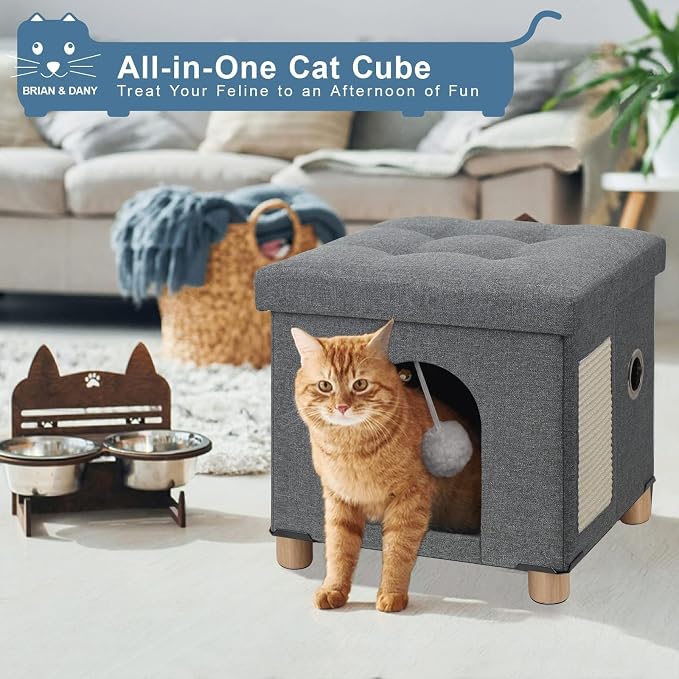 BRIAN & DANY Large Cat Beds for Indoor Cats, Cat Cave House for Kitten with Scratch Board & Ball, 17.7 x 14.8 x 15 inches, Gray (Large)