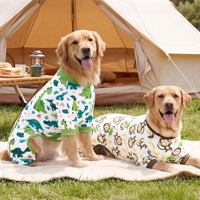 XPUDAC 2 Pack Dog Pajamas for Medium Large Sized Dogs, Soft Stretch Dog Onesie, Lightweight Warm Pet Pjs Outfit Boy Pet Clothes Dinosaur Monkey Print, 5XL