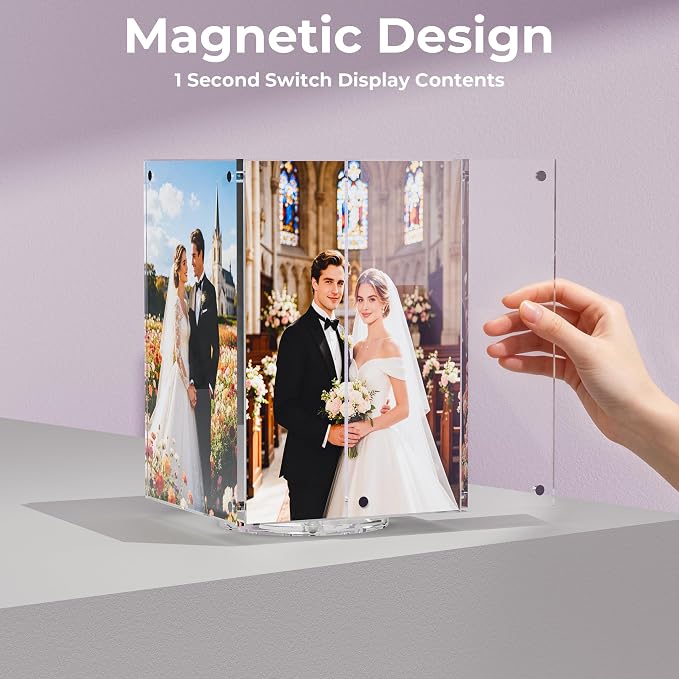 Rotating Acrylic Decorative Box for Table, 360° Acrylic Vase with 4 Sided Clear 4x6 Inch Picture Frame Photo Display Holder Table Numbers for Wedding Party, Replaceable Menu Holder for Restaurant