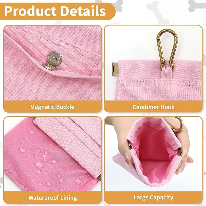 Dog Treat Pouch for Pet Training, Carabiner & Magnetic Buckle, Pink