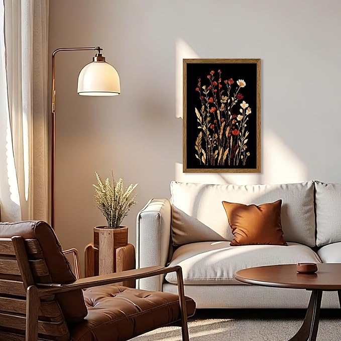 JLTULT Black Floral Wall Art, Vintage Wildflower Framed Canvas, 20 x 30 in | Black-background wildflower art on fade-resistant canvas with a ready-to-hang solid wood frame for bedrooms and bathrooms