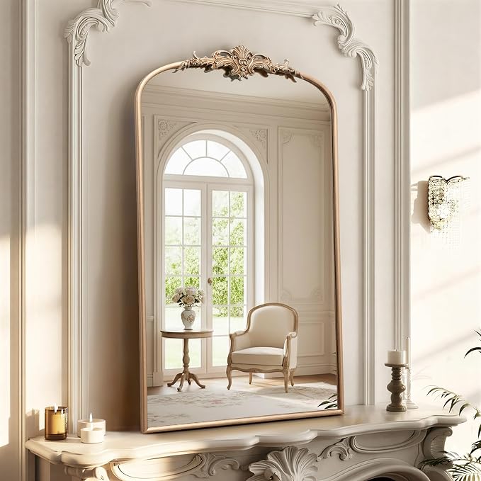 Besdomus Vintage Large Wall Mirror: 24"x42" French Gold Arch Vanity Mirrors | Champagne Baroque Antique Decorative - Traditional Ornate for Hallway/Fireplace/Over Sink - Ideal for Bathroom Remodeling