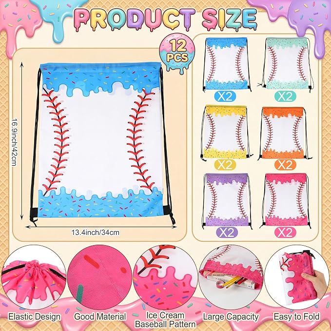 Peryiter 24 Pcs Ice Cream Drip Baseball Party Favors 12 Cooling Towels 12 Drip Drawstring Bags Bulk Sport Gifts for Teams Summer Camping Yoga Running Supplies, Chilly and Absorbent (Classic)