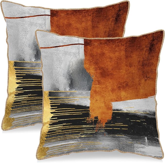Burnt Orange Gold Grey Soft Velvet Throw Pillow Covers Set of 2 Taupe Gray Abstract Art Painting Decorative Pillow Covers 18x18 Inch Modern Retro Pillow Case For Sofa Couch Living Room Home Decor