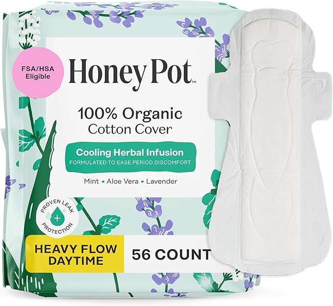 The Honey Pot Company - 56ct - Herbal Sanitary Pads for Women - Heavy Flow w/Wings - Infused w/Essential Oils for Cooling Effect & Organic Cotton Cover - Feminine Care