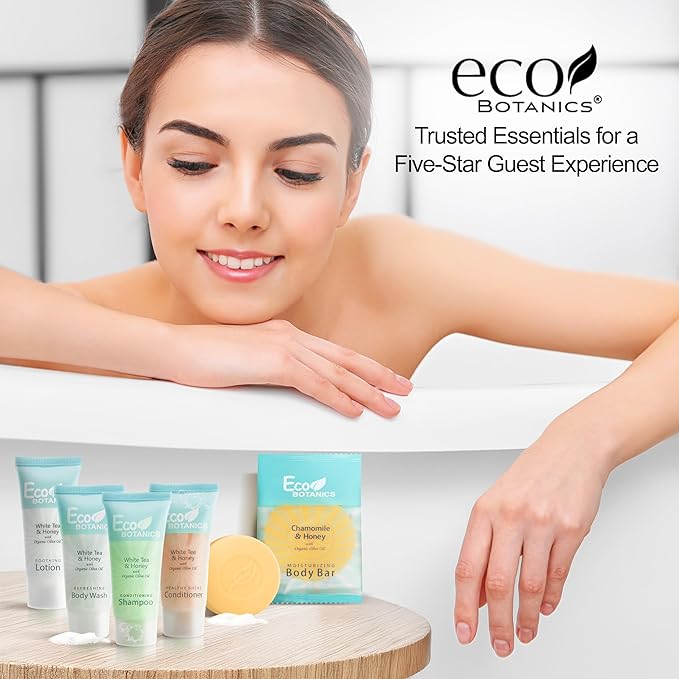 Terra Pure Eco Botanics Hotel Soaps and Toiletries Bulk Set | 1-Shoppe All-In-Kit Amenities |0.85oz Shampoo & Conditioner, Body Wash, Body Lotion & 0.89oz Bar Soap Travel Size | 75 Pieces