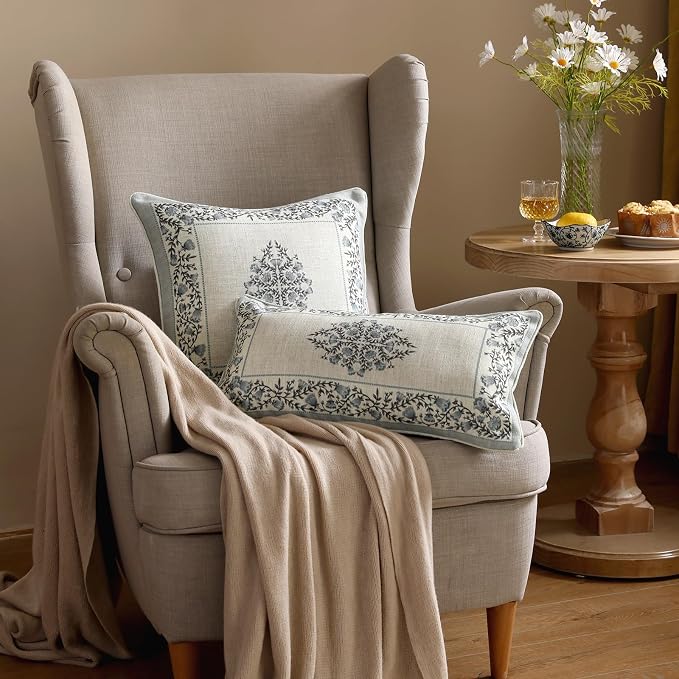 Designer Linen Throw Pillow Cover,Set of 2,20"x12"-Segerman A | Elegant Chinoiserie Rectangle Pillow Cover,Concealed Zipper Design,Floral Pattern,Sofas,Bedroom,Living Room,Lounge Chairs