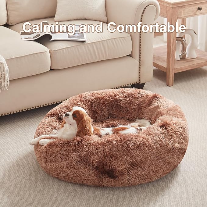 30 in Faux Fur Fluffy Donut Dog Bed for Medium Dogs,Tie-dye Brown | Calming Plush Round Pet Bed with Removable & Washable Cover,Fits up to 45 lbs Pets