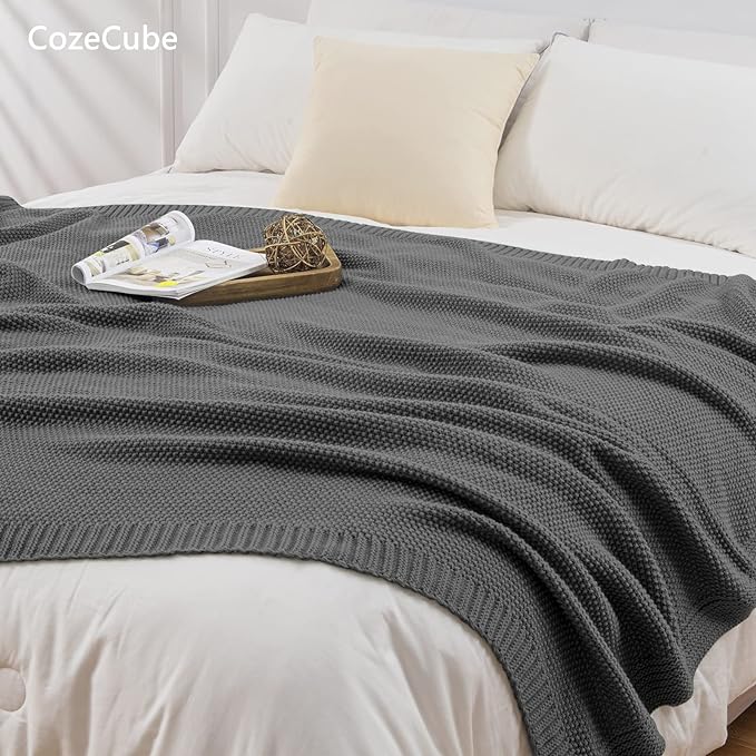 CozeCube Charcoal Grey Seed Stitch Throw Blanket 50"x60", Farmhouse Decor | Blanket for Couch, Soft Cozy Cable Knit Throw for Bed Sofa Living Room, Lightweight Warm Decorative Christmas Blanket