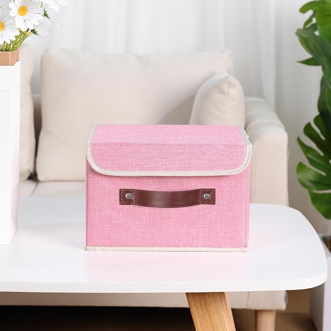 ANMINY Fabric Storage Box Bins with Lids, Pink, 10"x8"x7" | Keepsake Memory Storage, Cotton Linen, PP Board Reinforced, Washable, PU Handles, Foldable & Stackable, Decorative, Small