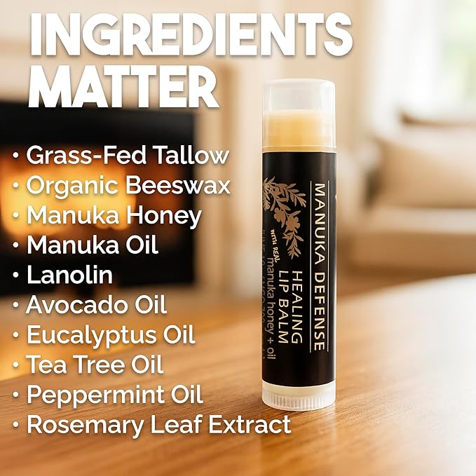 BALM OF GILEAD Manuka Defense Healing Lip Balm - Intensive Moisture Therapy in Tube w/Manuka, Tea Tree & Cooling Peppermint - Ideal for Chapped & Cracked Lips - Beauty Pack Of 4-0.15 oz