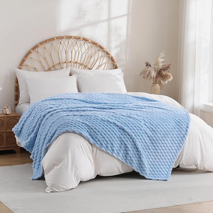 Light Blue Fleece Throw Blanket 60”×80” for Couch Sofa Bed Super Soft Cozy Plush Microfiber Flannel Blanket with 3D Jacquard Decorative Lightweight for Mom Woman