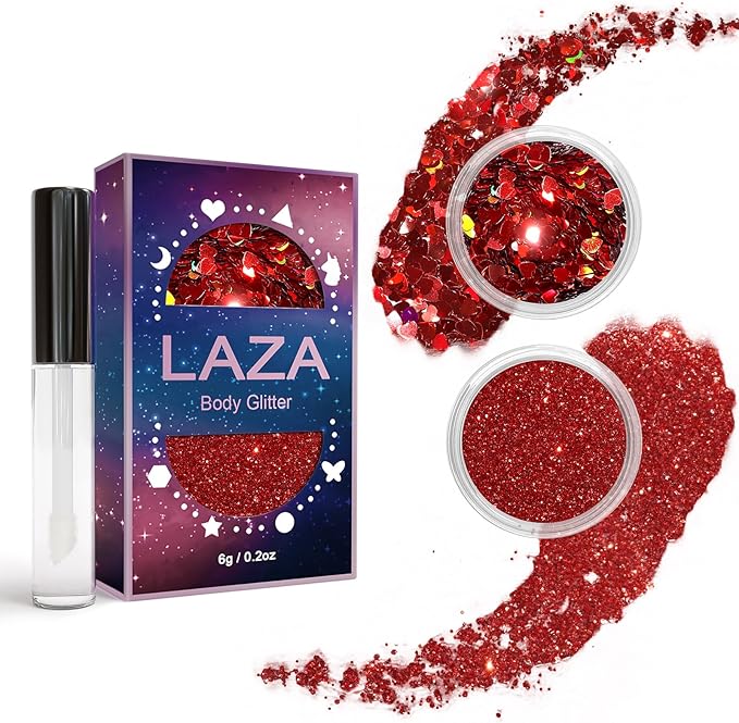 Laza 2 Jars Body Glitter for Valentine’s Day Hair Accessories Heart Glitter Chunky Sequins with Glitter Glue for Women Eyeshadow Makeup Face Paint Festival Rave Outfits Party Costumes - Crush