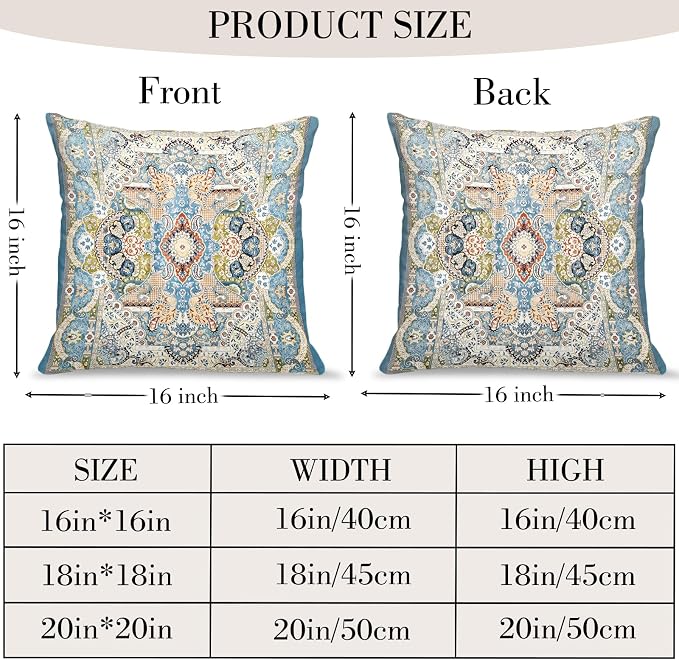 Boho Floral Throw Pillow Covers 16x16 inch Set of 2,Blue Boho Rug Geometric Floral Pattern Decor Double Sided Pattern Cushion Cover Soft Pillow Case Living Sofa Room Bed Square Pillow Cover