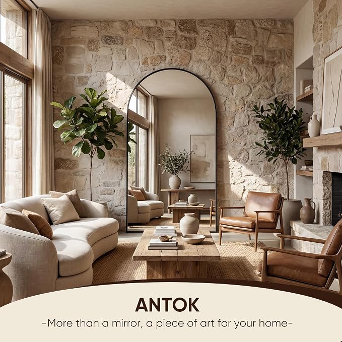Antok 76" x34” Arched Full Length Floor Mirror, Black Aluminum Frame, Free Standing/Wall Mount/Leaning for Bedroom, Living Room, Dressing Room