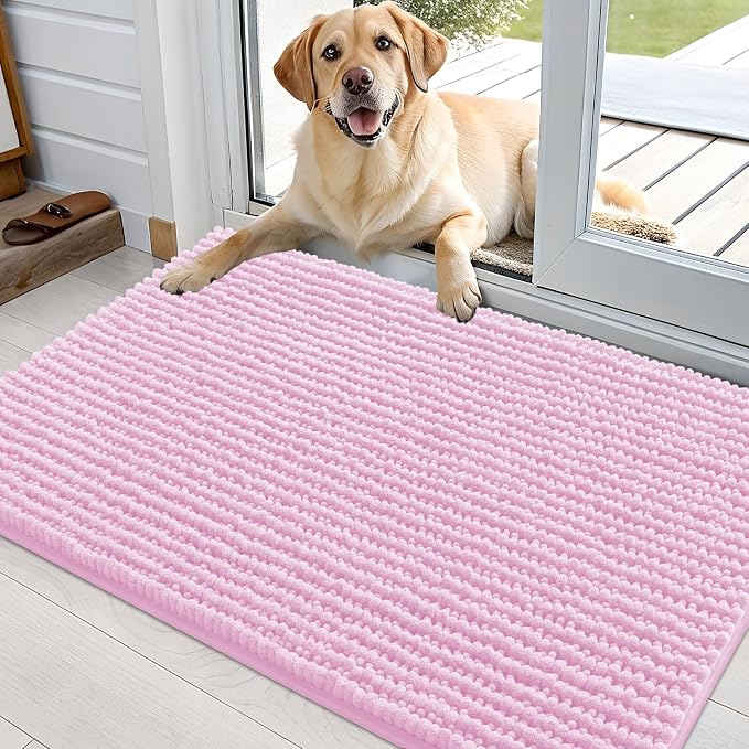 OLANLY Dog Door Mat for Muddy Paws 36x24, Extra Absorbent Chenille Mud Mat | Pink, Absorbs Moisture and Dirt, Non-Slip Machine Washable Doormat, Quick-Drying Indoor Entryway Floor Mat for Dogs