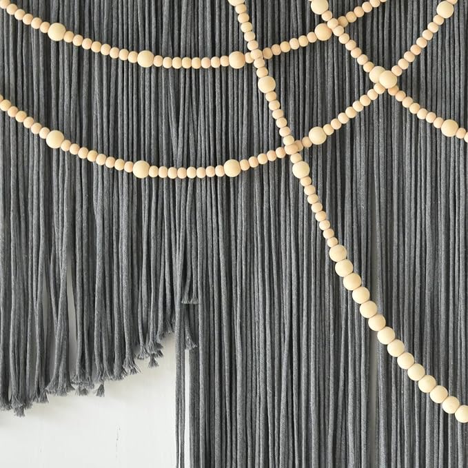 Large Macrame Wall Hanging Grey Boho Wall Art Beaded Decor 57"W*39"L | for Bedroom, Handwoven Cotton Art, Beaded Fiber Design, Textured Wall Accent, Sofa Backdrop Decor, Modern Home Decoration