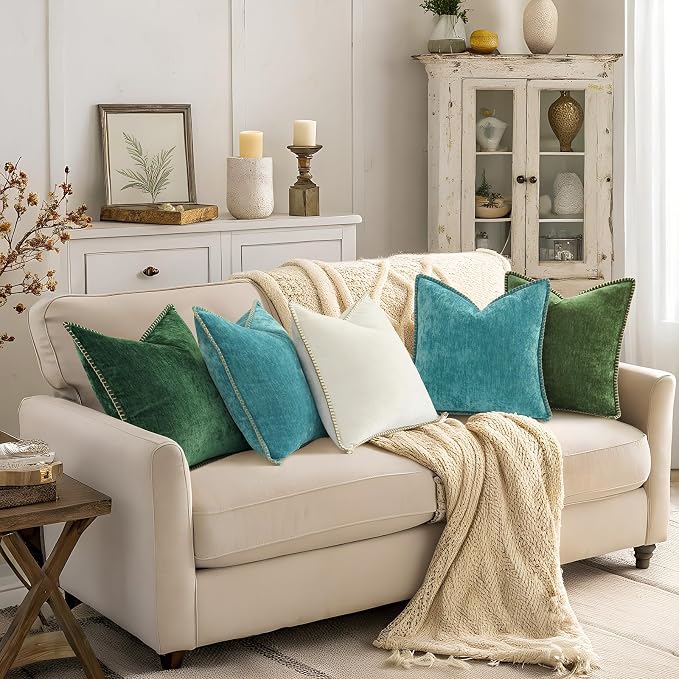 decorUhome Soft Chenille Throw Pillow Covers 22x22 Set of 2 Turquoise | Fall Textured Decorative Throw Pillow Cases Stitched Edge Modern Farmhouse Luxury Boho Velvet for Couch Sofa Bed Home Decor