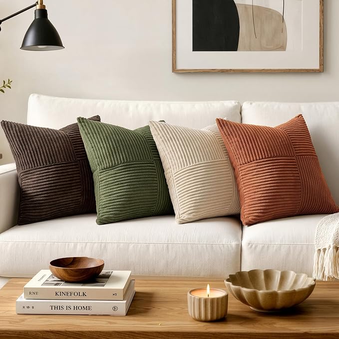MIULEE Olive Green Decorative Lumbar Throw Pillow Covers 12x20 Inch 2 Pack | Boho Farmhouse Pillow Covers, Soft Cross Corduroy Patchwork Textured Cushion Cases For Bed Sofa