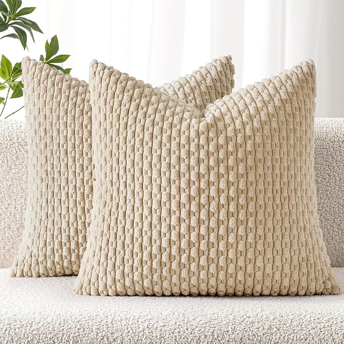 MIULEE Decorative Throw Pillow Covers 20x20 Beige Textured Corduroy | Pack of 2 Striped Pillow Covers Modern Farmhouse Home Decor for Couch Bed Sofa Living Room