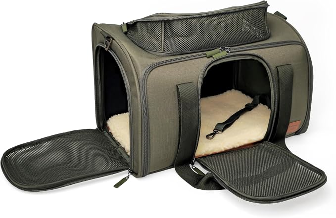 Airline-Approved Pet Carrier with Expandable Pop-Up Mesh Window, Waterproof Bottom & Plush Washable Pad (Moss Green)
